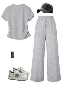 SHEIN Tween Girl Heart Embroidery Round Neck Short Sleeve T-Shirt And Elastic Waist Pants Cute Minimalist Set, Suitable For Spring/Summer - Grey - View 4