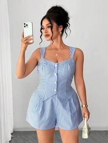 Elenzga 2-teiliges Damen-Set in Große Größen, sexy Urlaubs-Look, blau kariertes Camisole-Top und Shorts mit elastischem Bund und asymmetrischem Saum - Blau - Übersicht 7
