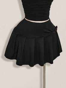 SHEIN ICON Plus Size Y2K Casual Retro Sexy Mini Pleated Slit Black Skirt Back-To-School Formal Graduation Summer - Black - View 7