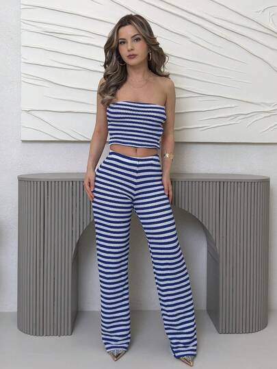 Jemour 2pcs/Set Striped Jacquard Fabric Cropped Tube Top & High Waist Wide Leg Pants Beach Holiday Suit, Elegant Casual Wear Suitable For Daily, Vacation, Lounging, Summer For Women