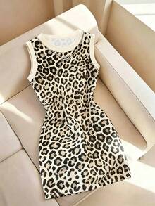 Resyla Women's Leopard Print Contrast Color Round Neck Sleeveless Dress, Suitable For Dates - Multicolor - View 3