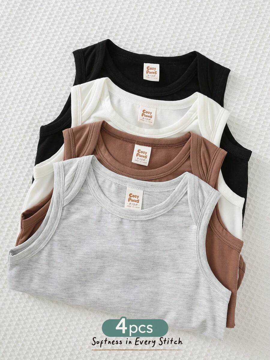 Cozy Pixies 4pcs/Set Cute Casual Solid Color Knit Romper, Suitable For Summer, Unisex Baby Boy & Baby Girl - White - View 1