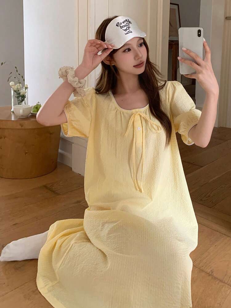 Women's Textured Tie-Up Casual Nightgown