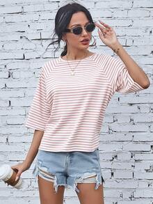 EMERY ROSE Raglan Sleeve Striped Print Tee Graphic Tees Women Tops - Pink - View 5