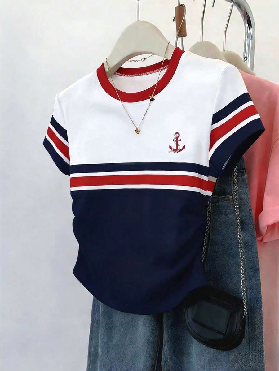 Resyla 大码女式户外休闲运动上衣,夏季新款,白色、红色、多色条纹印花,修身T恤 - 彩色 - 查看 1
