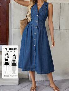 SHEIN Tall Vestido midi de mezclilla con botones y sin mangas con cuello para mujer alta de SHEIN, atuendos casuales, elegantes y de uso diario para mujeres en verano - Azul lavado oscuro - Ver 1