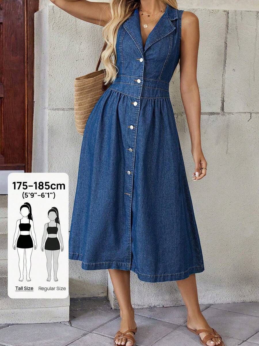 SHEIN Tall Vestido midi de mezclilla con botones y sin mangas con cuello para mujer alta de SHEIN, atuendos casuales, elegantes y de uso diario para mujeres en verano - Azul lavado oscuro - Ver 1