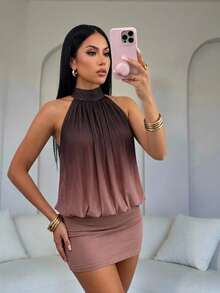 SOLERSUN Conjunto de dos piezas con parte superior de cuello halter con estampado de malla degradada y falda ajustado, conjunto de dos piezas con volantes fluidos, elegante y casual para uso diario, perfecto para noches de club, fiestas de noche y vacaciones - Café integral - Ver 1
