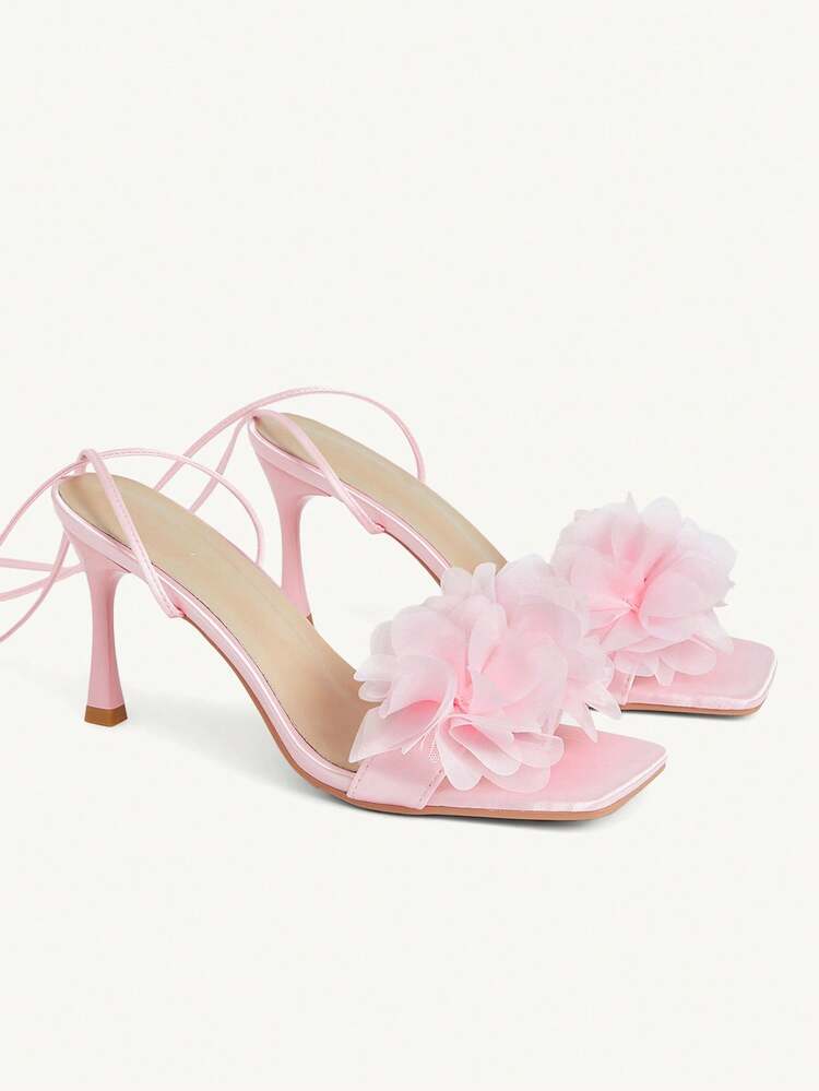 CUCCOO CHICEST Spring/Summer Mesh Flowers Decorative One-Buckle Buckle Open-Toe Thick Heel, Fairy Style Satin Mesh Light Pink Ladies High Heel Sandals Dating Party Commuting Shopping Banquet Wedding Festival Gifts