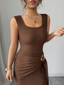 Elenzga New Asymmetric Ruched Draped Metal Buckle Hem Side Slit Bodycon Dress, Square Neck, Slimming, Elegant, Sexy - Brown - View 3