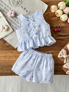 SHEIN Bộ đồ thường ngày cho bé gái, áo ba lỗ cổ tròn in họa tiết quả anh đào và kẻ caro, gồm áo ba lỗ và quần short. - Màu xanh lam - Xem 1