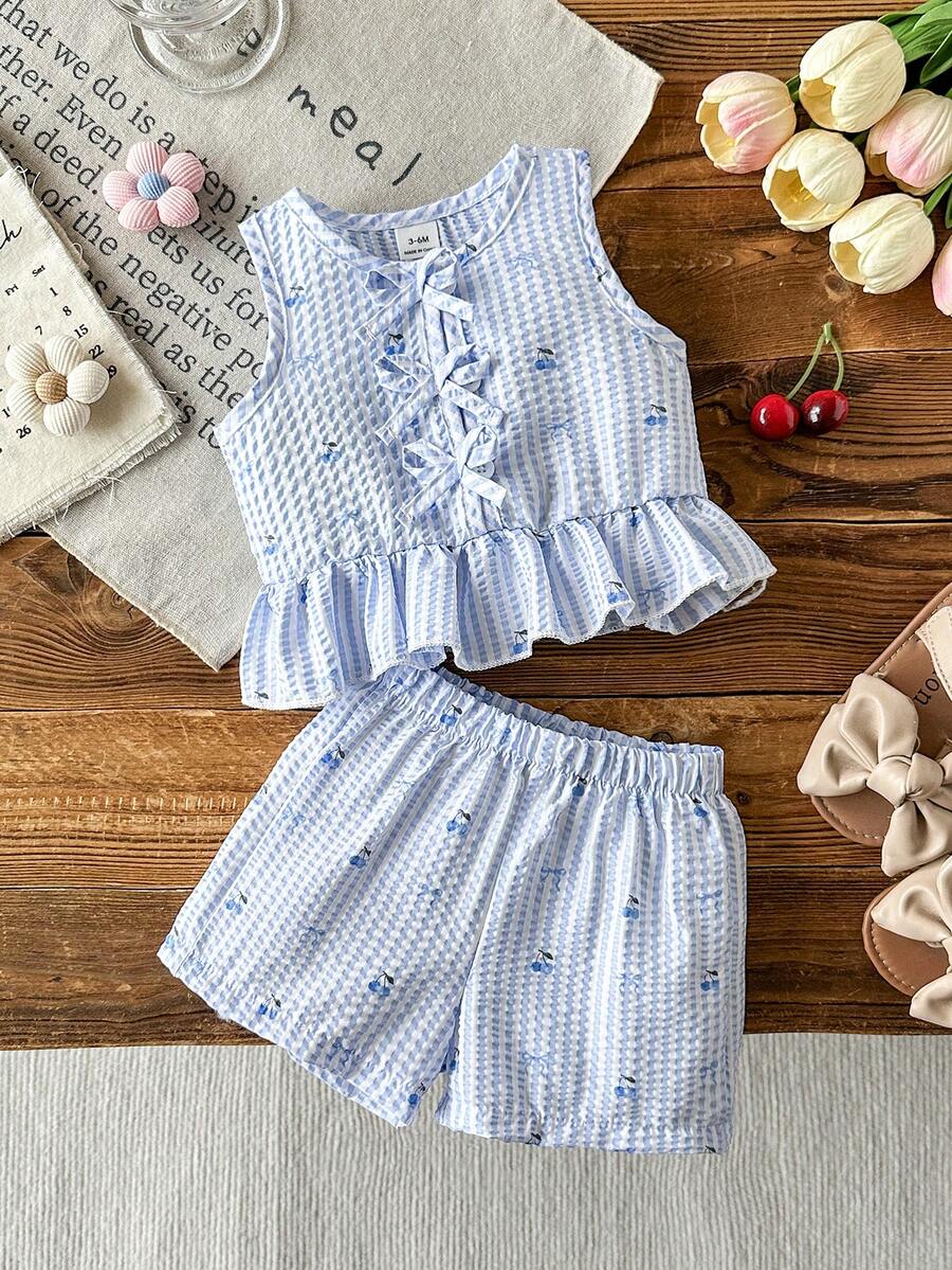SHEIN Bộ đồ thường ngày cho bé gái, áo ba lỗ cổ tròn in họa tiết quả anh đào và kẻ caro, gồm áo ba lỗ và quần short. - Màu xanh lam - Xem 1