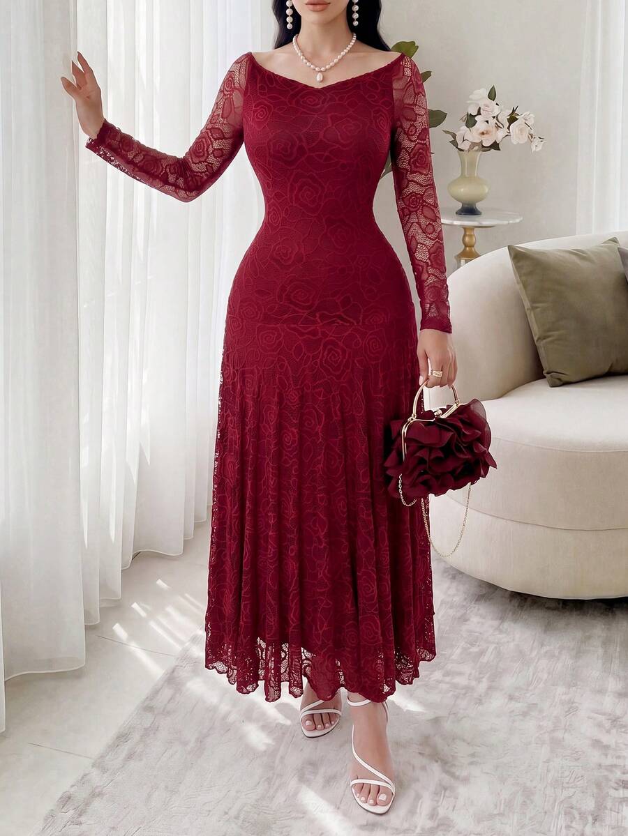 Feyla Mẫu đầm nghỉ dưỡng tay dài cài cúc đơn cổ ve lật, thiết kế độc đáo, họa tiết hoa văn lạ mắt. - Đỏ - Xem 1