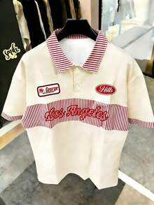 Manfinity Hypemode Men's Casual Colorblock Striped Letter Print Polo Shirt, Summer - Multicolor - View 2