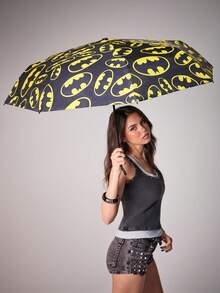 BATMAN X SHEIN 1把印有Logo的黑色UV涂层雨伞，UPF 50+防晒，适合学校、工作、户外活动和日常使用，专为大学生、高中生、男女设计，正义联盟主题，酷炫十足。 - 黑黃色 - 查看 3