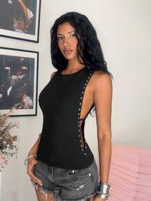 Jeanoix Camiseta ajustada decorada con cuentas sexy para el verano - Negro - Ver 5
