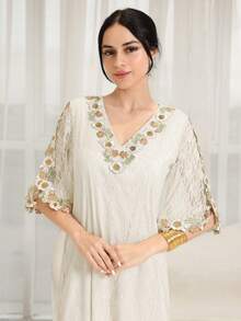 Yasmyna Women's Elegant Arabic Traditional Long Robe With Lace Applique Decoration - Yellow - View 6