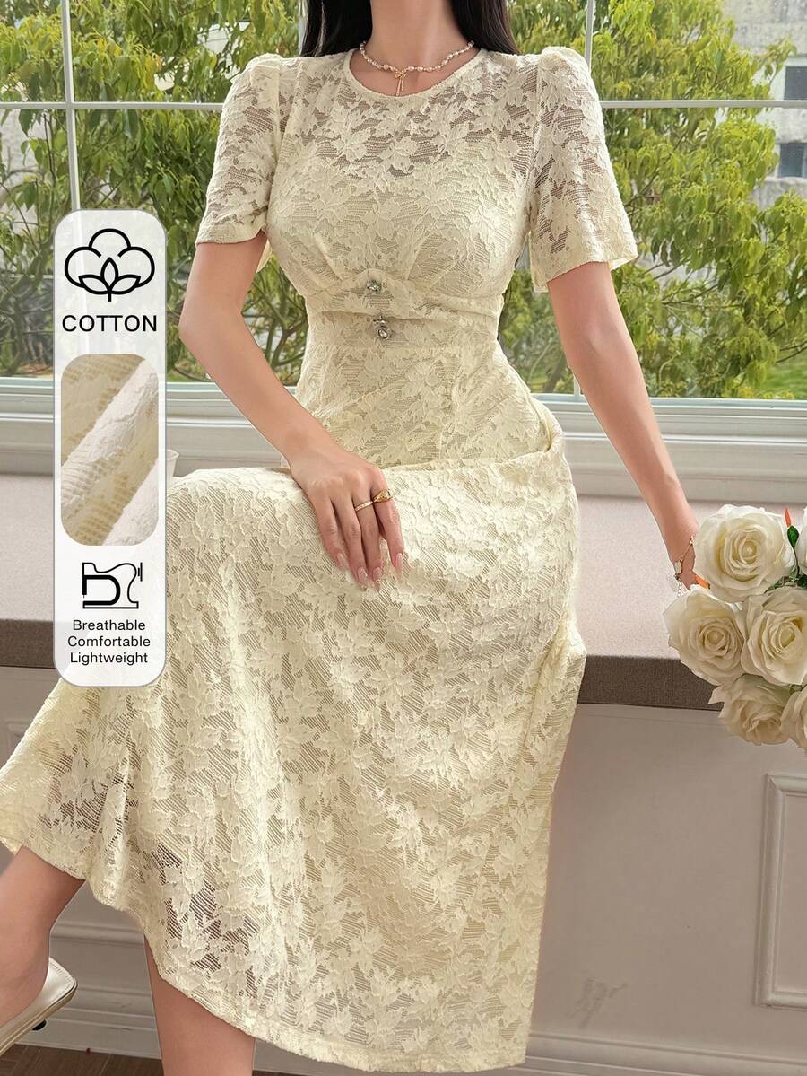 DAZY Brown And Cream Textured Lace Dress For Women,Elegant Summer Tea Party Date Night Sun Dresses,Waist-Cinching Short Sleeve Mid-Length Formal Wedding - Beige - View 1