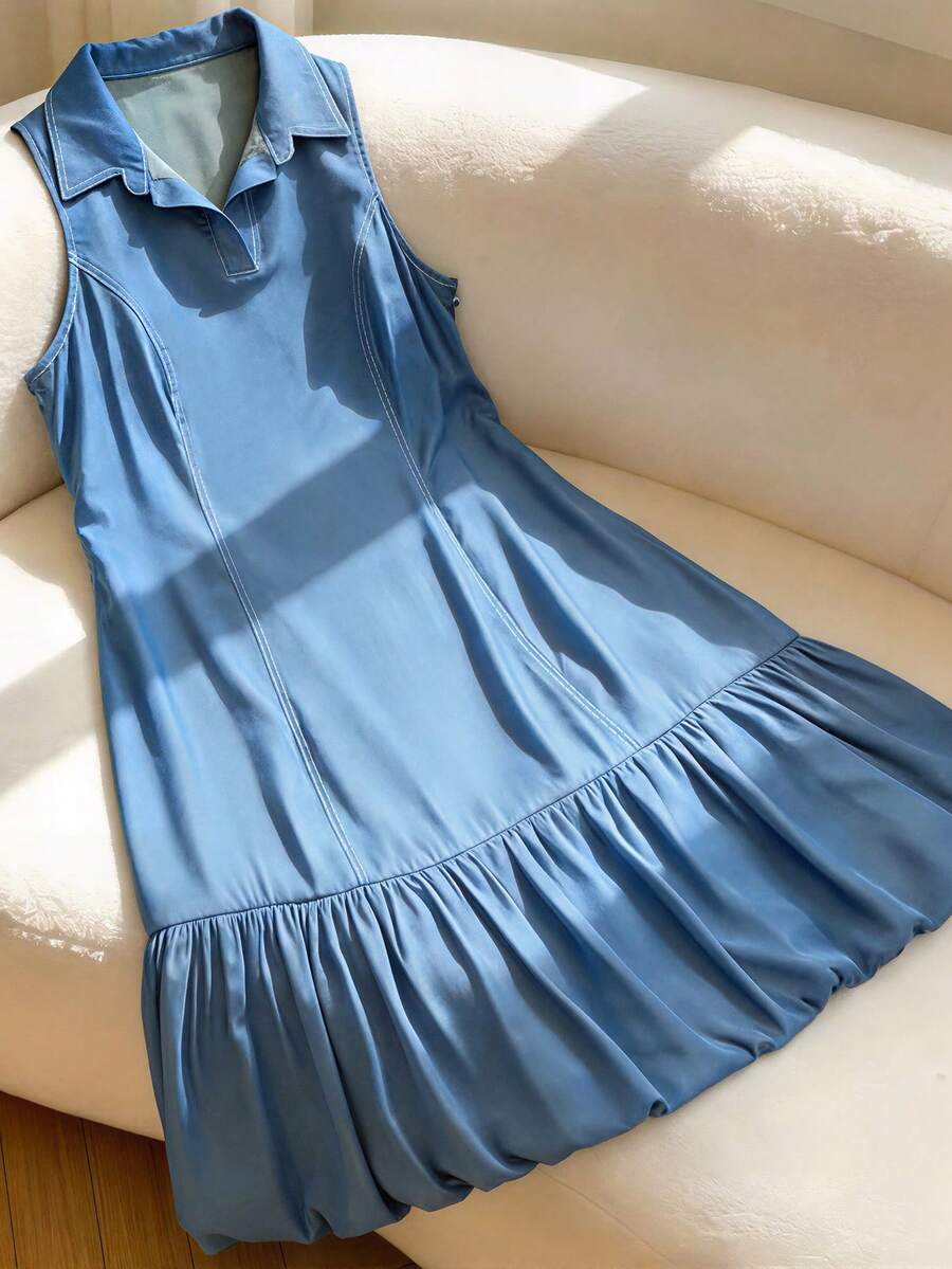 GlowEve CURVE Plus Size Collared Sleeveless Waist Cinched Dress - Blue - View 1