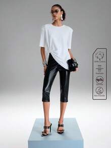 SHEIN Aveloria GENKIRA Áo dệt kim nữ cổ tròn, vạt bất đối xứng, thiết kế nhún bèo, eo thắt, dáng rộng thoải mái, màu trơn, chất liệu cotton nguyên chất, tay ngắn, đa năng, thích hợp cho mùa hè. - trắng - Xem 2