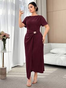 Modelyn Plus Size Elegant Solid Color Wrap Dress, Summer - Burgundy - View 5