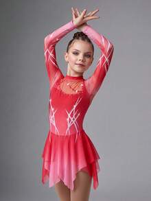 SHEIN Vestido de patinaje artístico de manga larga color rojo real para niñas, con diseño de cristales y estampado, corte ajustado de alta elasticidad y falda de malla transparente suave, diseñado para fluidez y brillo durante la práctica de patinaje, competiciones grupales y entrenamiento - Rojo - Ver 2