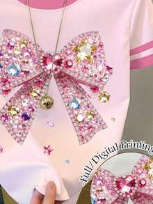 Tween Girls' Casual Cute Sweet Shiny Bow Graphic Cream Pink Round Neck Short Sleeve T-Shirt, Suitable For Summer - Multicolor - View 5