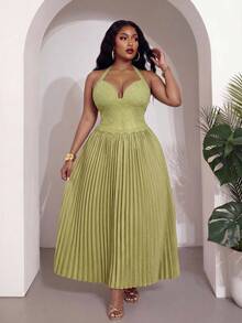 Slaydiva Nuevo estilo de verano, perfecto para fiestas de cumpleaños, vuelta al colegio, estilo preppy, ropa de estudiante, salidas diarias, básicos versátiles, estilo casual, vacaciones, viajes en crucero, playas, , tomar el sol, artículos, estilo callejero, estilo elegante y romántico, citas, compras, vacaciones románticas, sexy. Ajuste ceñido, verde sólido, cuello halter sin mangas con tirantes anudados, estilo de copa de busto, bajo plisado, vestido largo talla grande - B - Verde - Ver 5