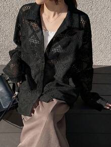 FRIFUL Women's Lace Loose Spring Blouse Summer - Black - View 3