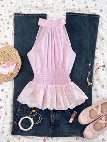 Flirla Women's Casual Fashion Everyday Versatile Party Commute Embroidered Floral Lace Patchwork Waist Gathered Sleeveless Pink Blouse, Spring/Summer - Pink - View 1