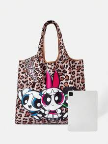 THE POWERPUFF GIRLS X SHEIN 1 Piece, Leopard Print Love Little Policewoman Pattern Folding Shopping Bag, Large-Capacity Waterproof Tote Bag. - Multicolor 1 - View 4