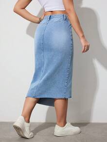 SHEIN Tall 女士高腰开衩牛仔中长裙，休闲夏季优雅外出穿搭，时尚百搭，带口袋，拉链设计，不对称下摆，夏季牛仔裙 - 淺色水洗藍 - 查看 7