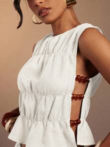Hauture Women's Sexy Casual Sleeveless Tank Top With Side Cut Out Beaded Detail - White - View 6