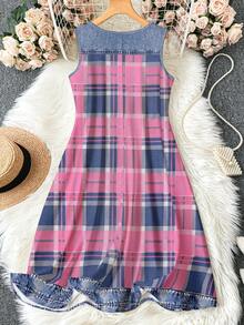 EMERY ROSE Plus Size Women Denim Effect Plaid Print Round Neck Dress Fall - Multicolor - View 2
