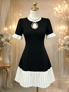 SHEIN Franclia 优雅撞色褶皱夏季连衣裙 - 黑色 - 查看 6