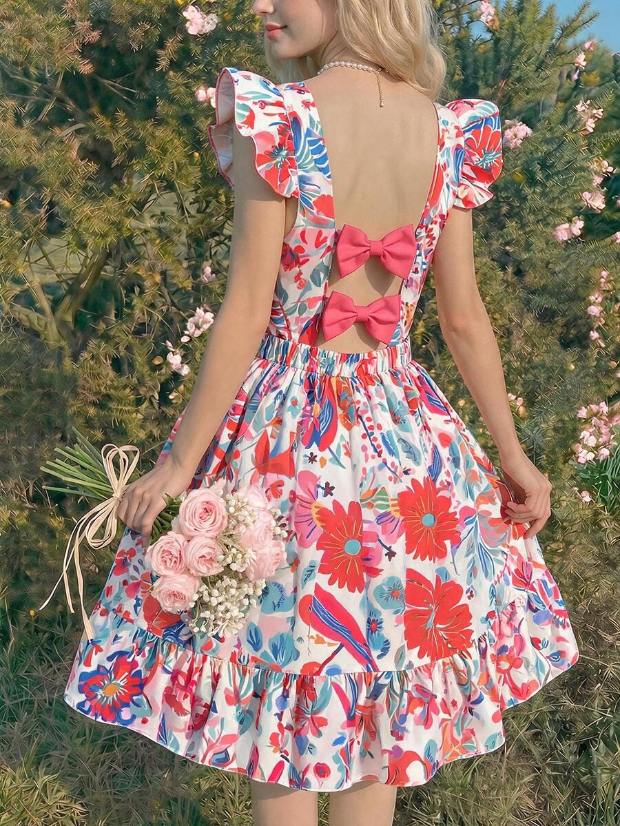 SHEIN 少女碎花印花露背蝴蝶结设计短袖收腰连衣裙 - 彩色 - 查看 1