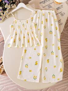 SHEIN Elladie kids 女童杏色碎花蝴蝶结吊带背心和直筒裤夏季度假休闲套装，优雅又充满女人味 - 米色 - 查看 5