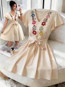 Elenzga Đầm hè nữ in hoa cổ chữ V có thắt lưng - Màu be - Xem 5