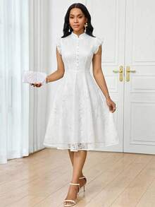 SHEIN Lady Đầm nữ màu trơn phối ren, xếp ly ở gấu váy, kiểu dáng thanh lịch, dài ngang gối. - trắng - Xem 6