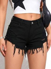 SHEIN Quần short denim nữ mùa hè kiểu dáng thường ngày, rách gấu. - màu đen - Xem 3