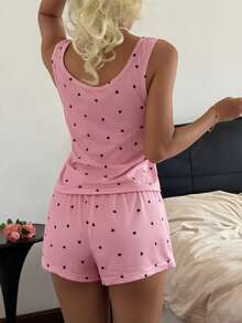 SHEIN Casual Underwear&Sleepwear 女士休闲针织吊带背心和短裤睡衣套装，心形印花 - 彩色 - 查看 2