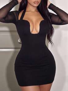 Slaydiva 2025 Neues elegantes, sexy Neckholder-Mesh-Bodycon-Minikleid, geeignet für Party, Geburtstag, Bar, Nachtclub, Valentinstag, Halloween, Weihnachten - Rot - Übersicht 2