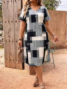 EMERY ROSE Plaid Patchwork Print V-Neck Button Decor Plus Size Dress - Black - View 5