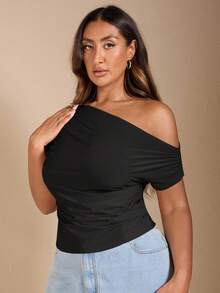 SHEIN BAE Áo thun nữ cỡ lớn tay ngắn hở vai màu đen - màu đen - Xem 3
