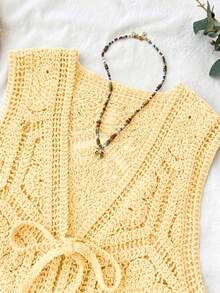 Travachic Áo khoác cardigan mỏng không tay buộc phía trước dành cho nữ, thích hợp cho kỳ nghỉ hè. - Vàng nhạt - Xem 7