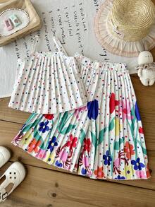 SHEIN 女婴两件套，0-3岁，休闲可爱风春夏外出服，波点印花无袖简约百褶上衣搭配花朵印花长款百褶裙 - 彩色 - 查看 8
