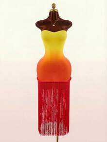 Amplova New Summer Ombre Pattern Halter Rope Design Tassel Hem Bodycon Dress For Women - Multicolor - View 4