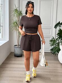 Muchica Plus Size Women Summer Casual Daily Commute Solid Color Short Sleeve Fitted Cropped Top And Drawstring Waist Shorts Set - Coffee Brown - View 4