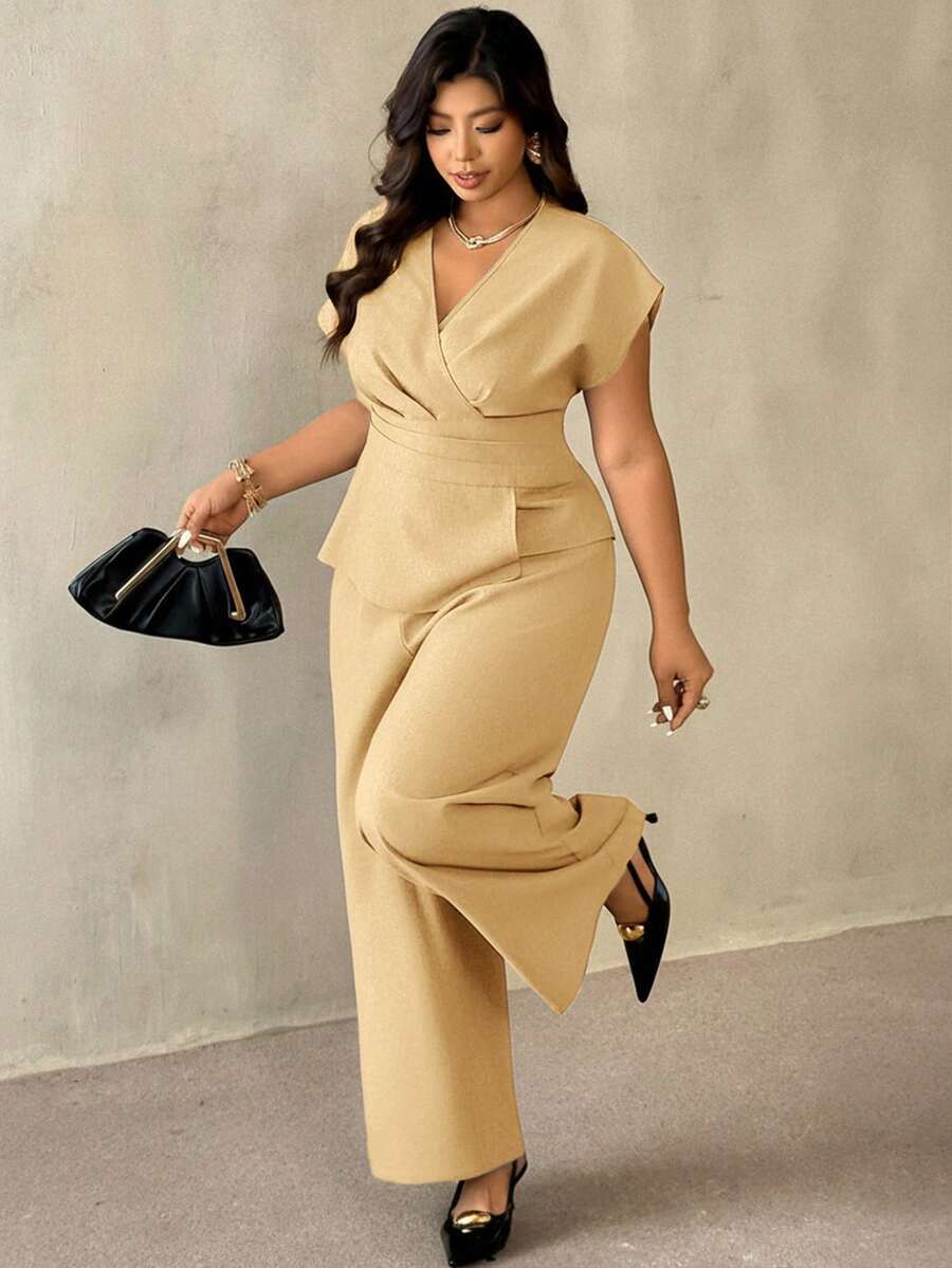 Auralis 新款优雅通勤工作装夏季交叉V领无袖落肩短袖加大码上衣和直筒裤/优雅两件套 - 黃色 - 查看 1