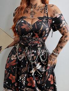 Whyspr Women's Plus Size Punk Witch Grunge Style Dress, Vintage Brown Floral Print Mesh Ribbon Decor A-Line Maxi Dress, Loose Fit Summer Boho Holiday Outfit - Multicolor - View 6
